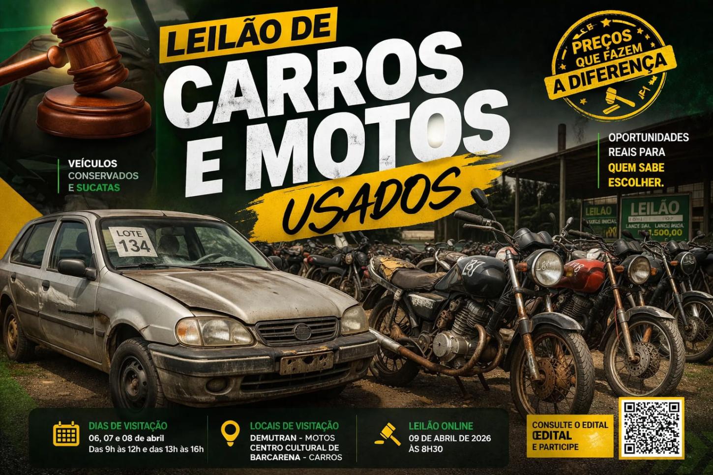 Leilão público do Demutran oferta carros e motos em Barcarena este mês.
