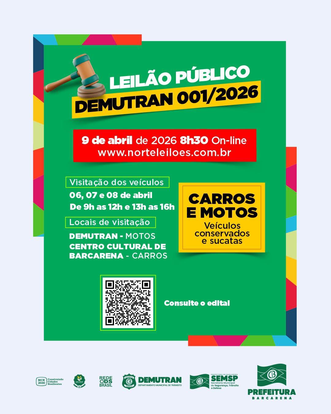 O leilão é uma das ações do município para dar destinação adequada a veículos apreendidos ou removidos, além de promover transparência e eficiência na gestão pública.