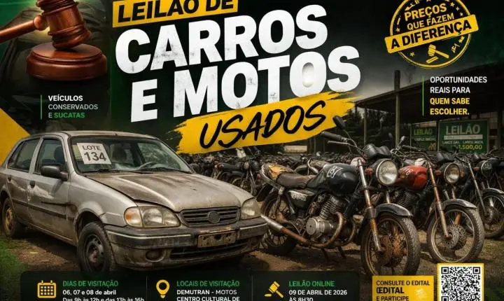 Leilão público do Demutran oferta carros e motos em Barcarena este mês.